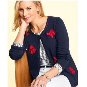 Talbots Embroidered Strawberry Sweater Cardigan NWT Navy Blue Size MP